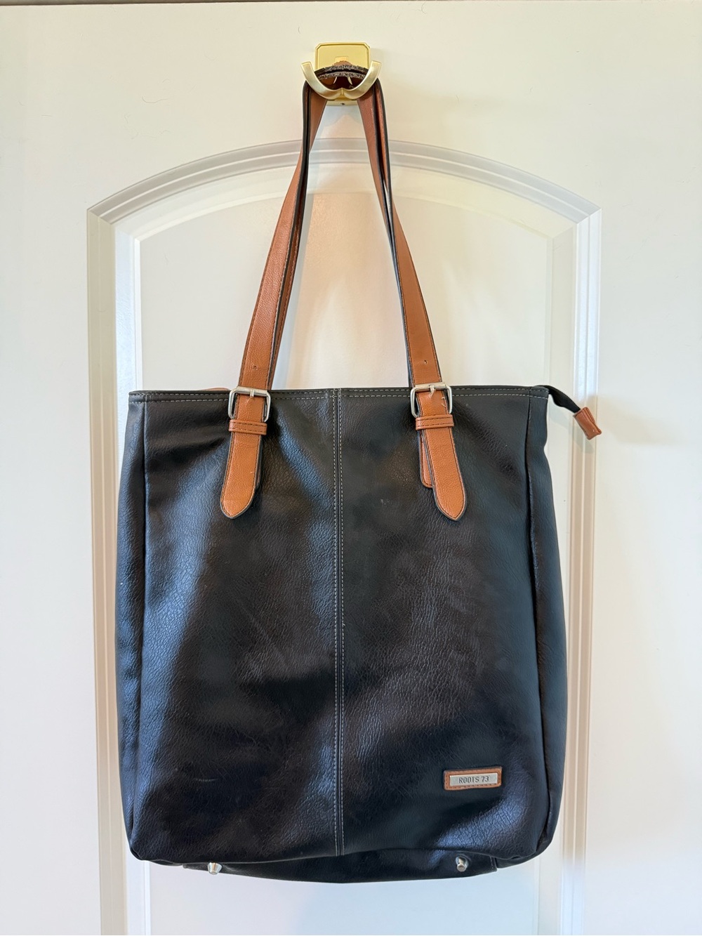 Roots Dark Brown Leather Shoulder Tote with Tan Straps, Purse, Laptop Bag